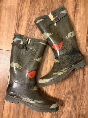 Y2K Olive Green Cloud Print Rain Boots